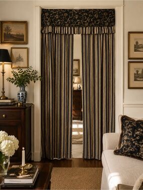Elegant Black Gold Striped Curtain Panels Valance Old Money Style 81x55